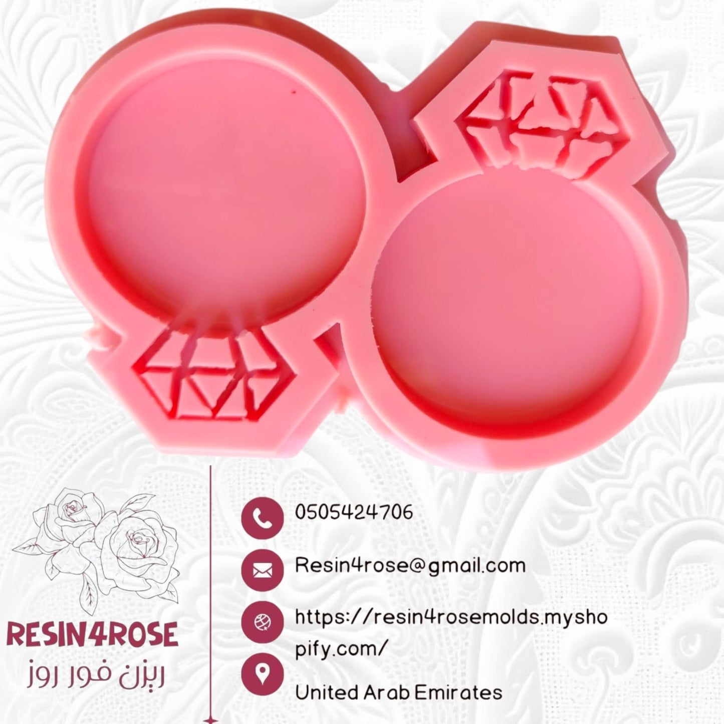 A silicone mold designed in the shape of an engagement or wedding ring, studded with diamonds connected and distributed in a symmetrical, reverse pattern.