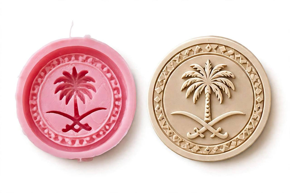A flexible silicone mold featuring a circular design with a palm tree and crossed swords