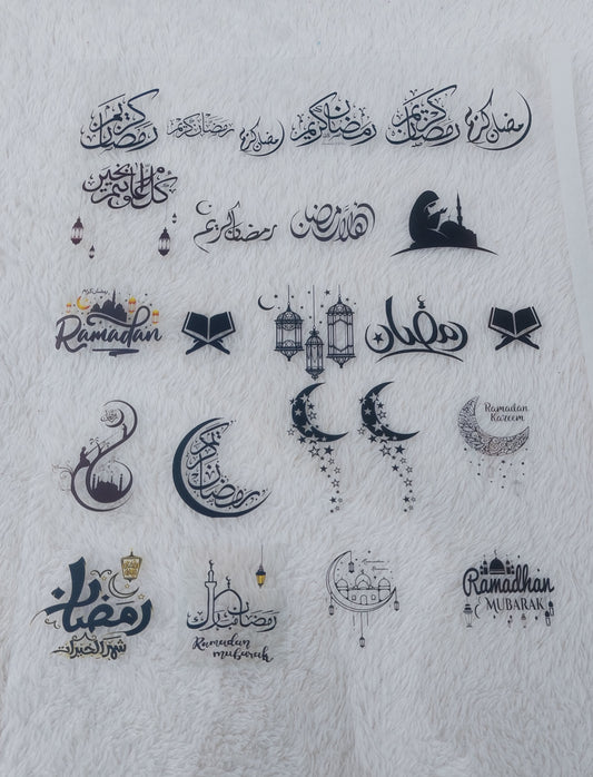 Print Ramadan designs on transparent paper or stickers, including a variety of Islamic fonts and phrases