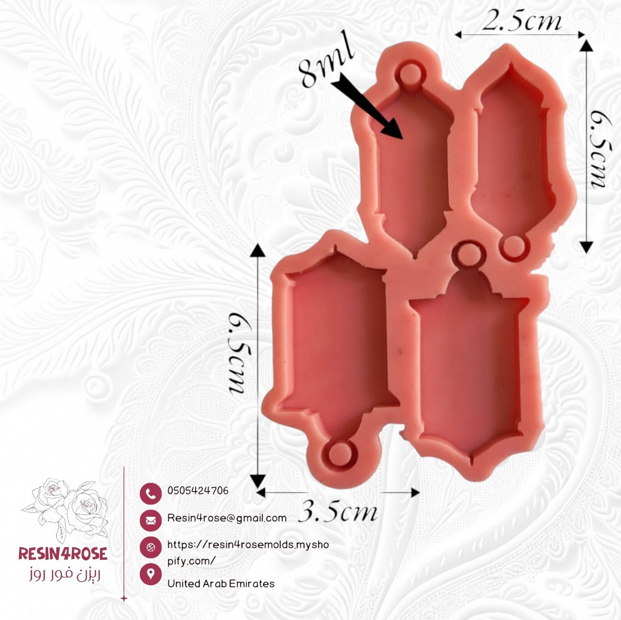A silicone mold with four different shaped cavities designed to create decorative elongated shapes, often used as pendants, earrings, or necklaces. It can be used for casting resin, wax, pottery, or plaster. The mold comes in two different sizes