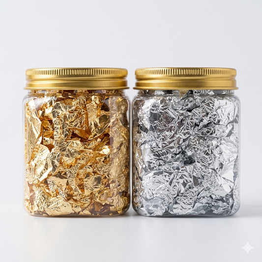 Bottles of metal foil, in gold and silver colors, suitable for handicrafts, jewelry making, nail art, wedding decoration and Christmas - resin art for resin, wax and multifunctional concret for handicrafts, for commercial use