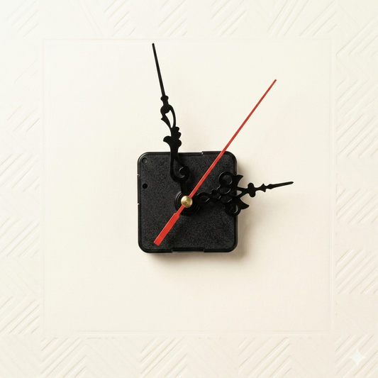 A wall clock mechanism with a set of black hands, designed in a standard and compact size, is an essential complement to the manufacture of wall clocks of all kinds (resin, wood, acrylic, and geode clocks)