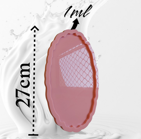An oval silicone mold with non-straight outer and inner edges, featuring a decorative, wavy pattern resembling flower petals or regular waves. The total length of the mold is 27 cm, and the casting depth is 1 ml.