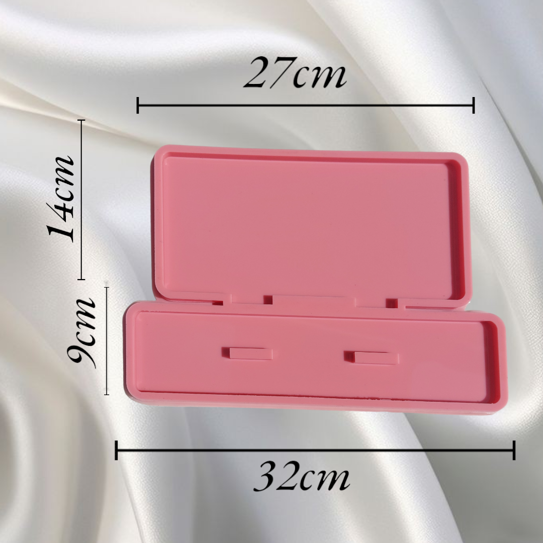A silicone mold designed for casting art pieces consisting of two parts (base and back panel). It is used to make desk plaques, desk calendars, welcome plaques, decorations, earring organizers, or accessories. Available in two different sizes