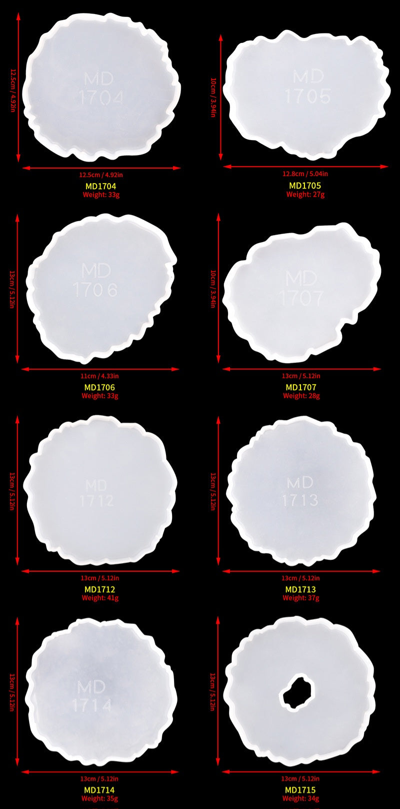 Silicone coaster molds in various shapes and sizes