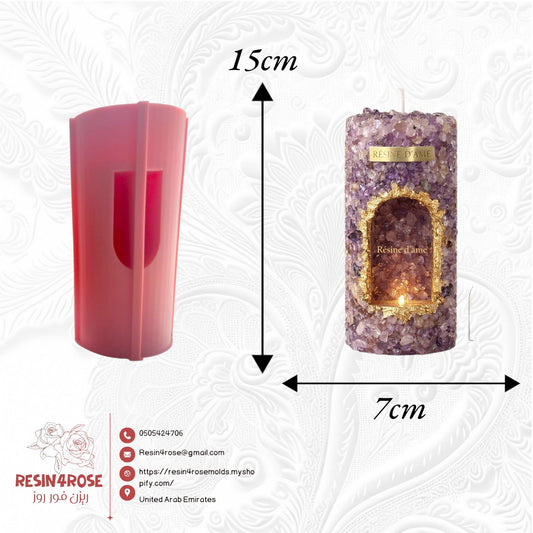 A silicone mold and the resulting masterpiece are designed in a cylindrical shape with an internal cavity and a longitudinal protrusion on the outer surface that helps in the casting and shaping process 15 cm high and 7 cm wide