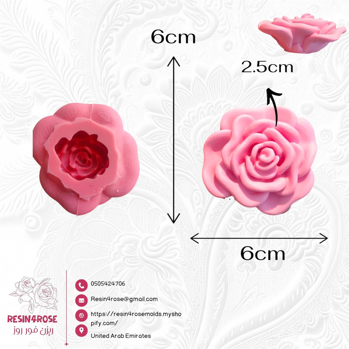 A silicone mold designed for resin, wax, pottery, and crafts, shaped like a blooming rose. Dimensions: 6x6 cm, Depth: 2.5 cm