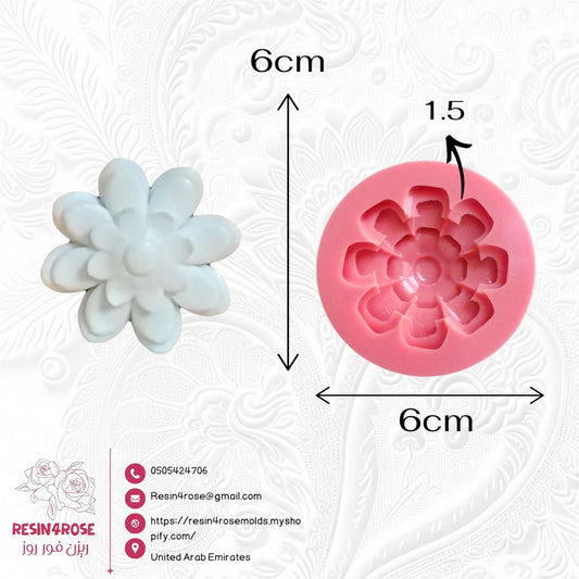 A silicone mold designed for crafts such as resin, plaster, or pottery. It is shaped like a flower with wide petals and multiple layers. Dimensions: 6*6 cm, Depth: 1.5 cm