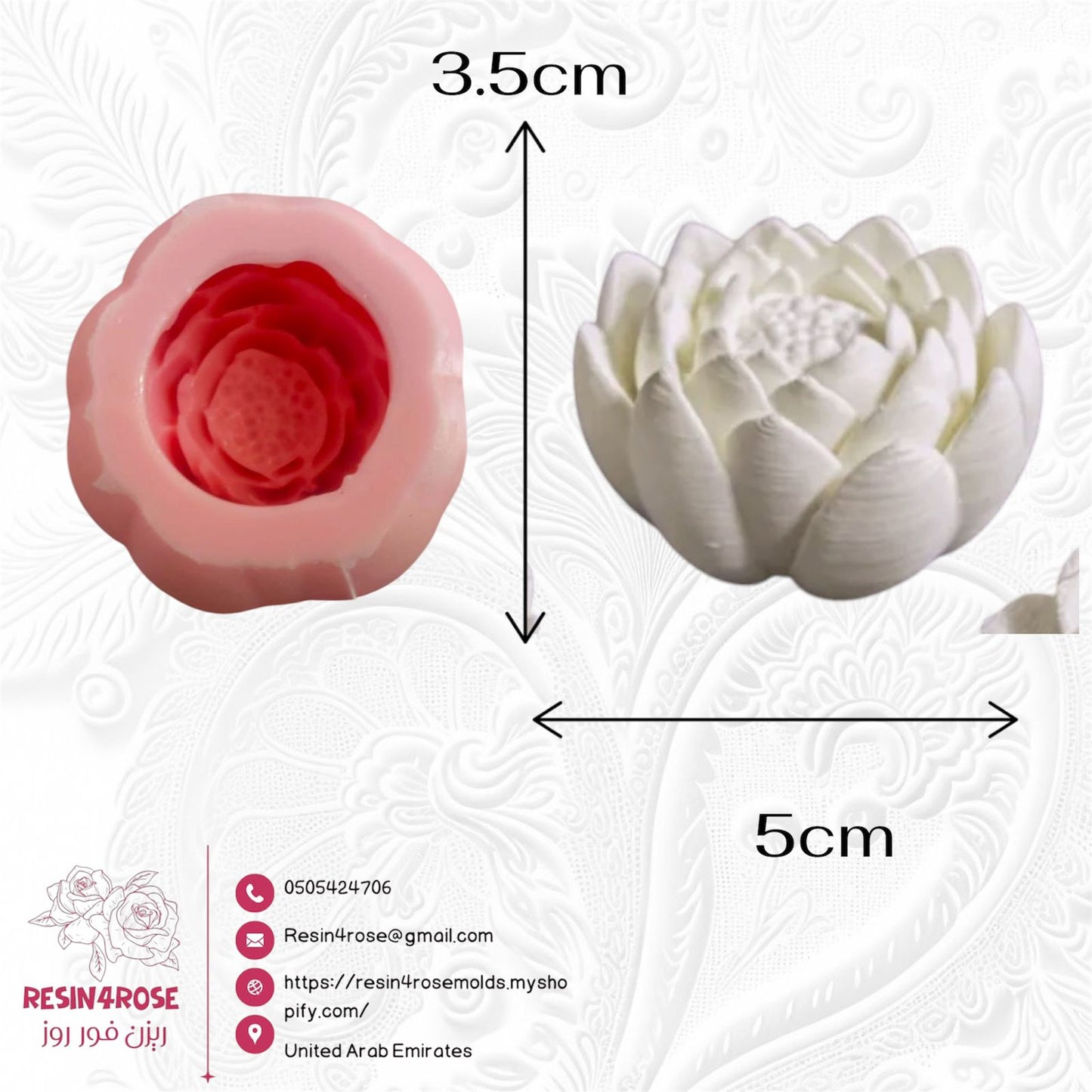 A silicone mold designed for crafts such as resin, plaster, wax, or pottery, shaped like a blooming lotus flower, measuring 3.5 x 5 cm