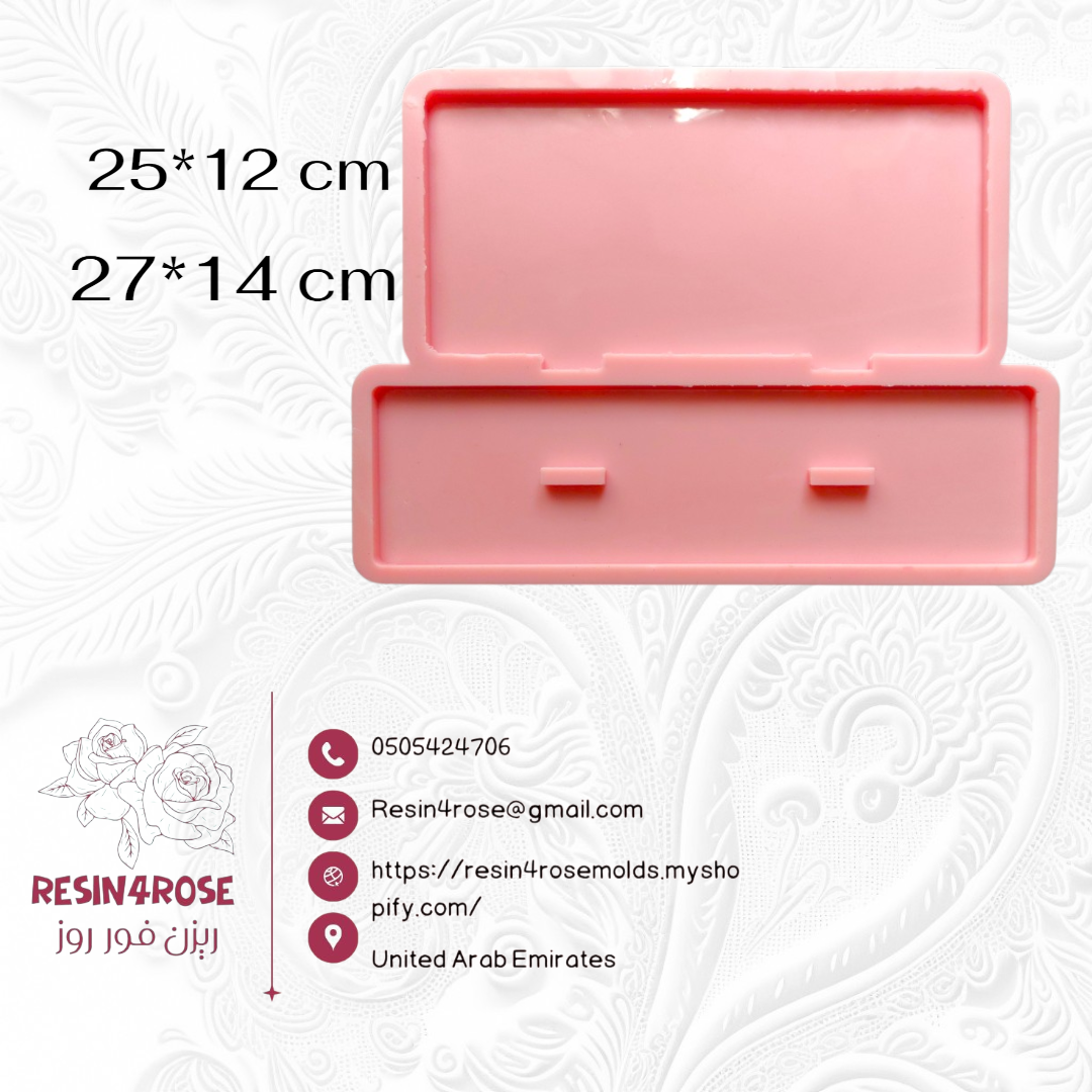A silicone mold designed for casting art pieces consisting of two parts (base and back panel). It is used to make desk plaques, desk calendars, welcome plaques, decorations, earring organizers, or accessories. Available in two different sizes