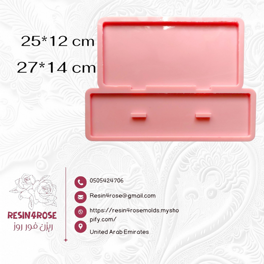 A silicone mold designed for casting art pieces consisting of two parts (base and back panel). It is used to make desk plaques, desk calendars, welcome plaques, decorations, earring organizers, or accessories. Available in two different sizes